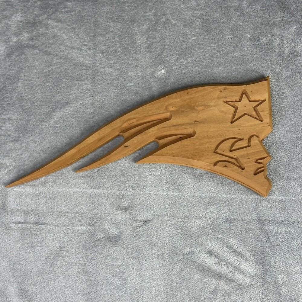 New England Patriots Hand Carved Wood Logo Plaque 13" x 6" x 1"‎
